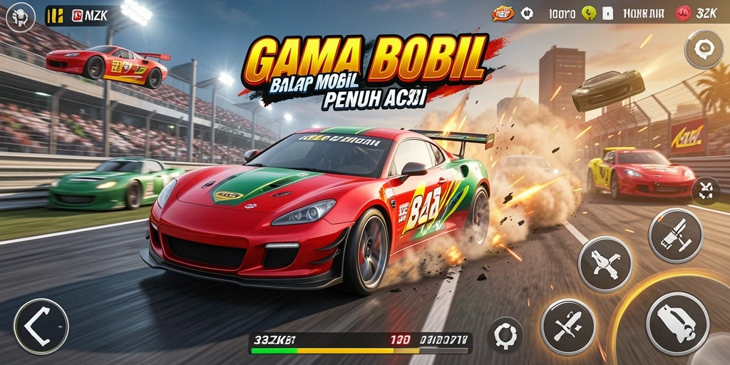 Tangkapan layar gameplay 33ZK yang menunjukkan aksi balap mobil yang intens.