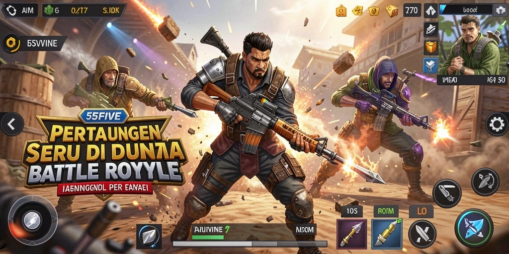 Screenshot gameplay 55FIVE menampilkan ketegangan pertarungan Battle Royale.