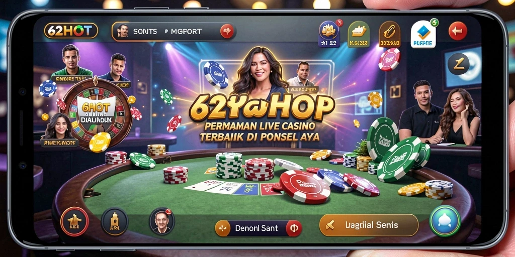 Screenshot gameplay 62HOT yang menunjukkan dealer profesional dan suasana kasino.