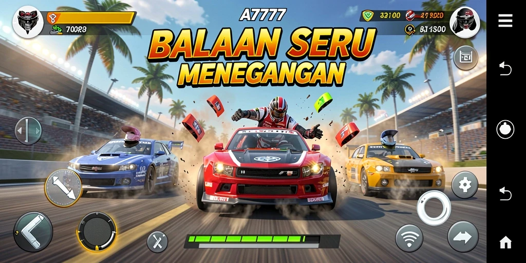 Menampilkan aksi balapan seru dari A7777 dengan mobil yang bergerak cepat.
