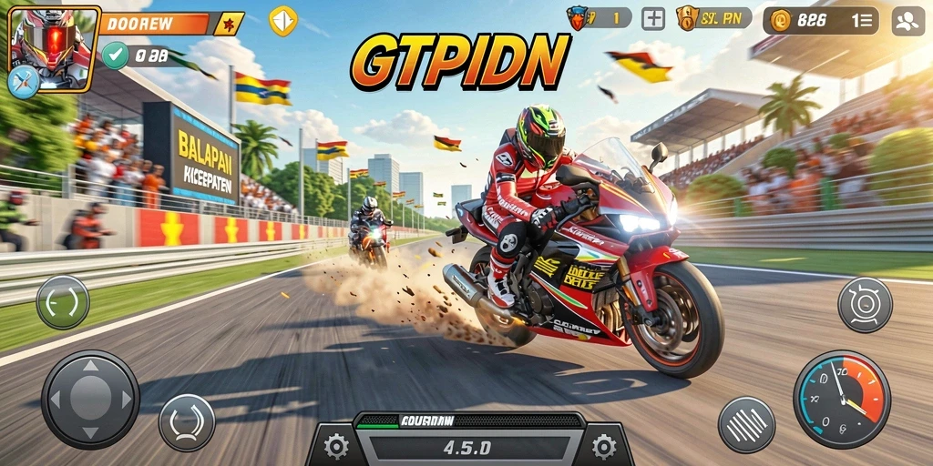 Screenshot utama GTPIDN menunjukkan balapan seru motor di trek yang menantang.