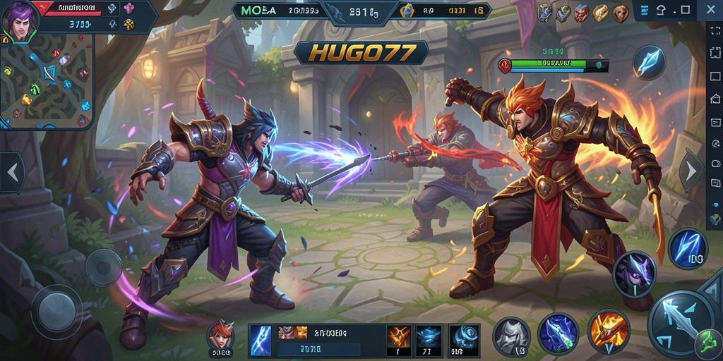 Tampilan gameplay seru HUGO77 dalam pertempuran MOBA.