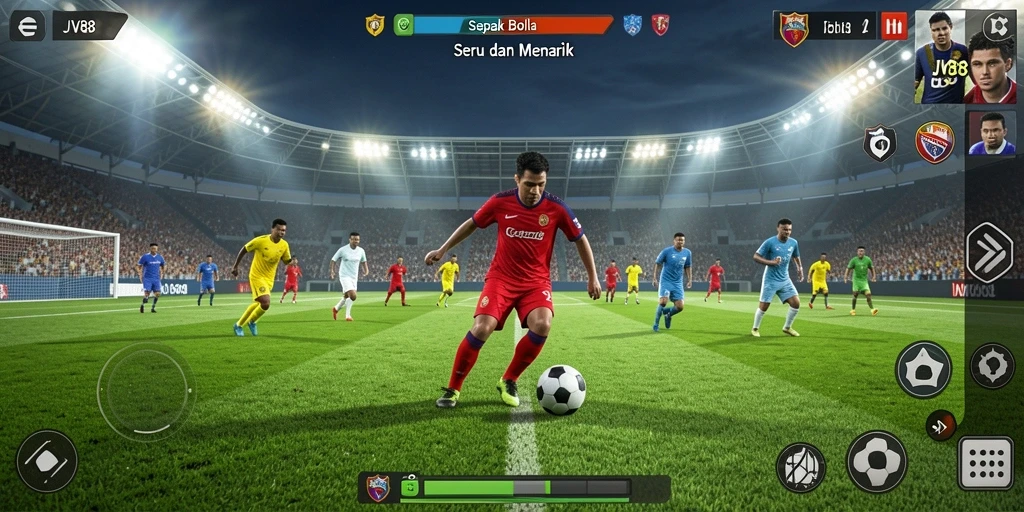 Screenshot gameplay JV88 menampilkan aksi seru di lapangan sepak bola.