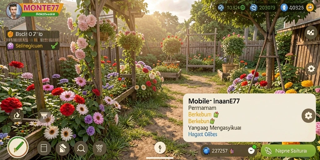 Tangkapan layar gameplay MONTE77 menampilkan keindahan kebun yang subur.