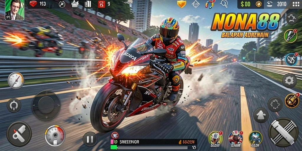 Gameplay seru NONA88 saat balapan motor di trek menantang.