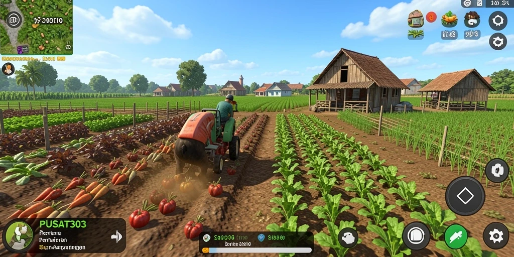 Gambaran gameplay menarik dari PUSAT303 yang menunjukkan ladang dan tanaman.