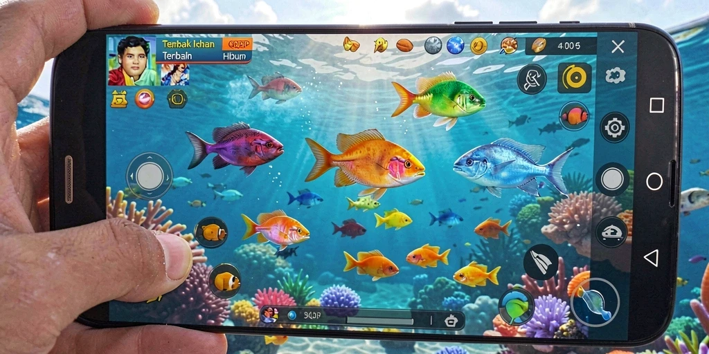 Tampilan gameplay QQRP yang menarik dengan ikan berwarna-warni.