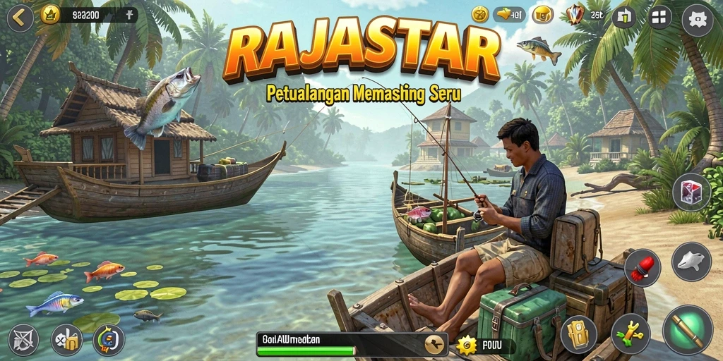 Screenshot gameplay RAJASTAR menunjukkan momen seru menangkap ikan.