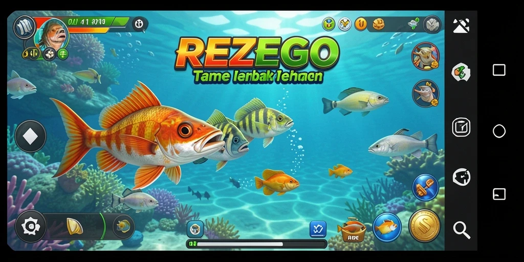 Tampilan gameplay seru dari REZEGO, menembak ikan dengan berbagai senjata.