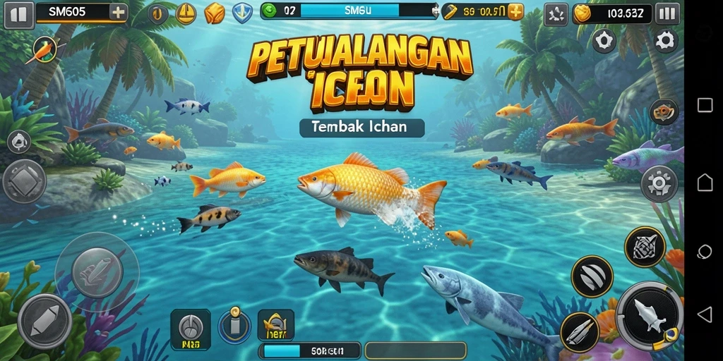 Screenshot gameplay SM605 menampilkan aksi menembak ikan yang seru.
