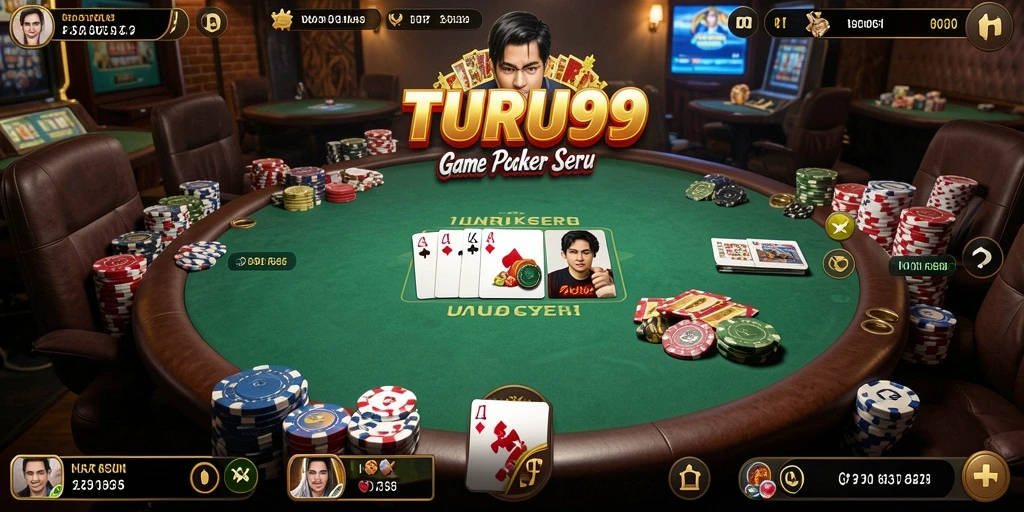Screenshot TURU99 menampilkan aksi intens di meja poker.