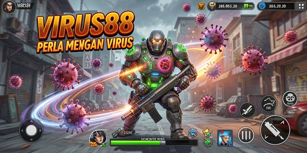 Tangkapan layar VIRUS88 yang menampilkan aksi pertarungan melawan virus.