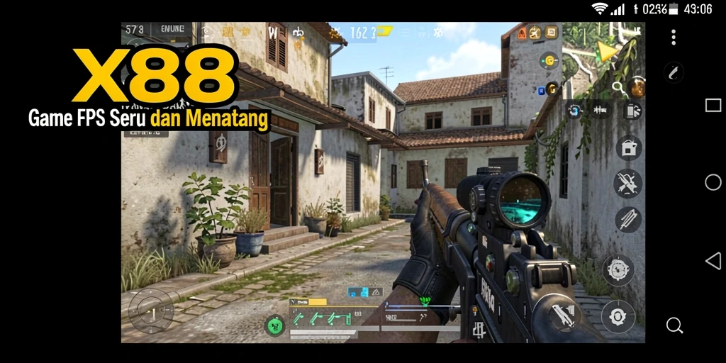 Screenshot utama X88 menampilkan pertempuran seru dalam game FPS.